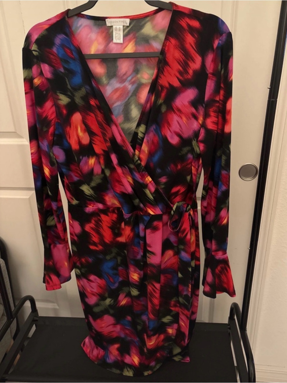 London Times Black Floral Brushstroke Wrap Dress with Red, Pink and Blue Accents